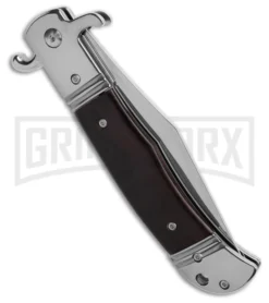 Italia 9" CZ Ebony Wood Bolster Release Automatic Knife - Satin Plain -Knife Sale Shop 9in CZ Bolster Release AK Ebony 4in Satin BHQ 183680 td side large