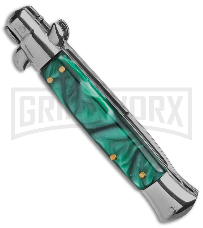 9" Anomaly Stiletto Green Pearlex Automatic Knife - Satin Bayonet 3 9" Anomaly Stiletto Green Pearlex Automatic Knife - Satin Bayonet - Image 3