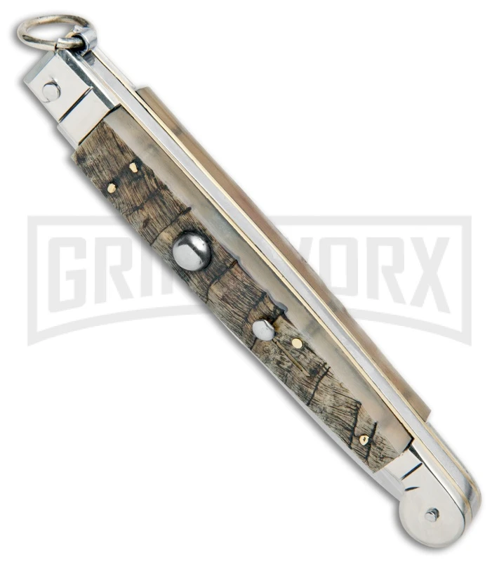 A.G.A. Campolin 9" Ram Horn Sicilian Ring Pull Automatic Knife - Bayonet 2 A.G.A. Campolin 9" Ram Horn Sicilian Ring Pull Automatic Knife - Bayonet - Image 2