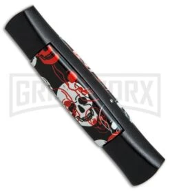 AKC 077 Concord Red/White Skull OTF Automatic Knife - Flat Grind Black Plain -Knife Sale Shop AKC 077 concord red white skull black BP 19133 er side large