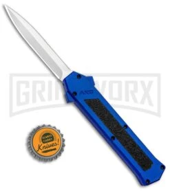 AKC F-16 Blue D/A OTF Automatic Knife - Dagger Satin Plain -Knife Sale Shop AKC F 16 DA Dagger OTF Blue Satin BHQ 93753 jr bottlecap large