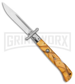 Italian Style 11" Roma Yellow Pearlex Auto Swinguard - Drop Point Polish Plain