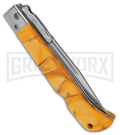 Italian Style 11" Roma Yellow Pearlex Auto Swinguard - Drop Point Polish Plain -Knife Sale Shop AKC Roma 11in Yellow Pearlex Automatic Swinguard DP Polished Plain GX 39622 td side large