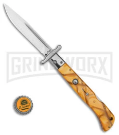 Italian Style 11" Roma Yellow Pearlex Auto Swinguard - Drop Point Polish Plain -Knife Sale Shop AKC Roma 11in Yellow Pearlex Automatic Swinguard DP Polished Plain GX 39622 td size large