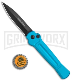 AKC X-treme ACE Light Blue Automatic Knife - Black -Knife Sale Shop AKC X treme Ace Auto Light Blue Black ACE LBLB BHQ 115396 jr bottlecap large