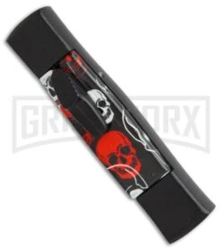 AKC Minion Concord Red/White Skull OTF Automatic Knife - Black Flat -Knife Sale Shop AKC minion concord red white skull black flat BP 19001 er side large
