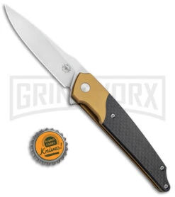 Amare Knives Pocket Peak Gold/Carbon Fiber Folding Knife - Satin Plain -Knife Sale Shop Amare Knives Pocket Peak LL Gold CF Satin AMR201802 BHQ 91533 jr bottlecap large