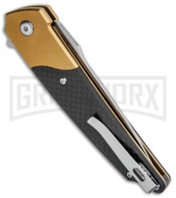 Amare Knives Pocket Peak Gold/Carbon Fiber Folding Knife - Satin Plain -Knife Sale Shop Amare Knives Pocket Peak LL Gold CF Satin AMR201802 BHQ 91533 jr side large
