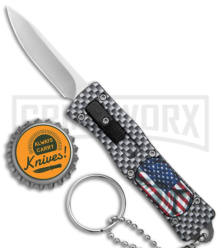 American Flag Mini Dog Tag Gray Carbon Fiber D/A OTF Auto Knife -Satin Plain 4 American Flag Mini Dog Tag Gray Carbon Fiber D/A OTF Auto Knife -Satin Plain - Image 4