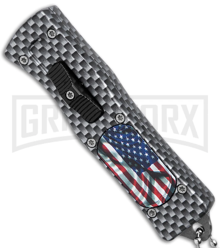 American Flag Mini Dog Tag Gray Carbon Fiber D/A OTF Auto Knife -Satin Plain 2 American Flag Mini Dog Tag Gray Carbon Fiber D/A OTF Auto Knife -Satin Plain - Image 2
