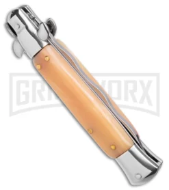 9" Anomaly Stiletto Red Marble Pearlex Automatic Knife - Satin Kriss -Knife Sale Shop Anomally 9in Stiletto Red Pearlex Bone Auto Satin Kriss BHQ 162125 jr side large