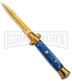 9" Anomaly Stiletto Blue Pearlex Automatic Knife - Gold Bayo