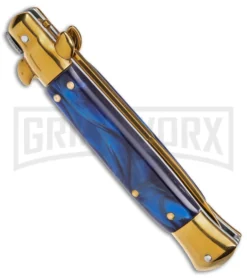 9" Anomaly Stiletto Blue Pearlex Automatic Knife - Gold Bayo -Knife Sale Shop Anomaly 9in stiletto blue pealex ak gold bayo gx 39374 td side large