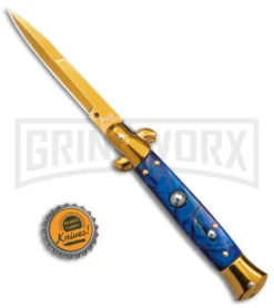 9" Anomaly Stiletto Blue Pearlex Automatic Knife - Gold Bayo -Knife Sale Shop Anomaly 9in stiletto blue pealex ak gold bayo gx 39374 td size large