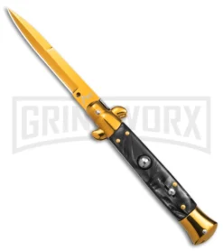 9" Anomaly Stiletto Black Pearlex Automatic Knife - Gold Bayo