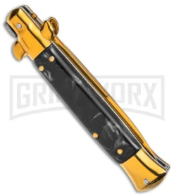 9" Anomaly Stiletto Black Pearlex Automatic Knife - Gold Bayo -Knife Sale Shop Anomaly Stiletto Black Pearlex AK 9in Gold Bayo GX 39375 td side large