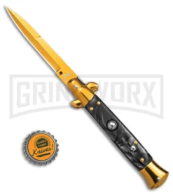 9" Anomaly Stiletto Black Pearlex Automatic Knife - Gold Bayo -Knife Sale Shop Anomaly Stiletto Black Pearlex AK 9in Gold Bayo GX 39375 td size large