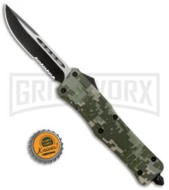 Atomic Defender Large OTF Automatic Green Digi Camo - Serr Two-Tone Drop Point -Knife Sale Shop Atomic Defender Large OTF Auto Green Digi Camo Serr TT DP GX 37228 jr bottlecap large