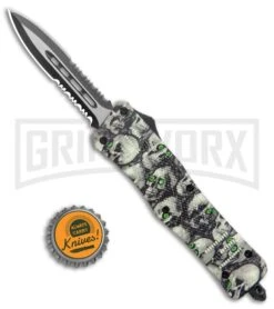 Atomic Defender Medium OTF Automatic White/Green Skull Dagger (3.25" Satin Serr) -Knife Sale Shop Atomic Defender Medium OTF Auto White Skull TT Dagger Serr GX 37538 jr bottlecap large