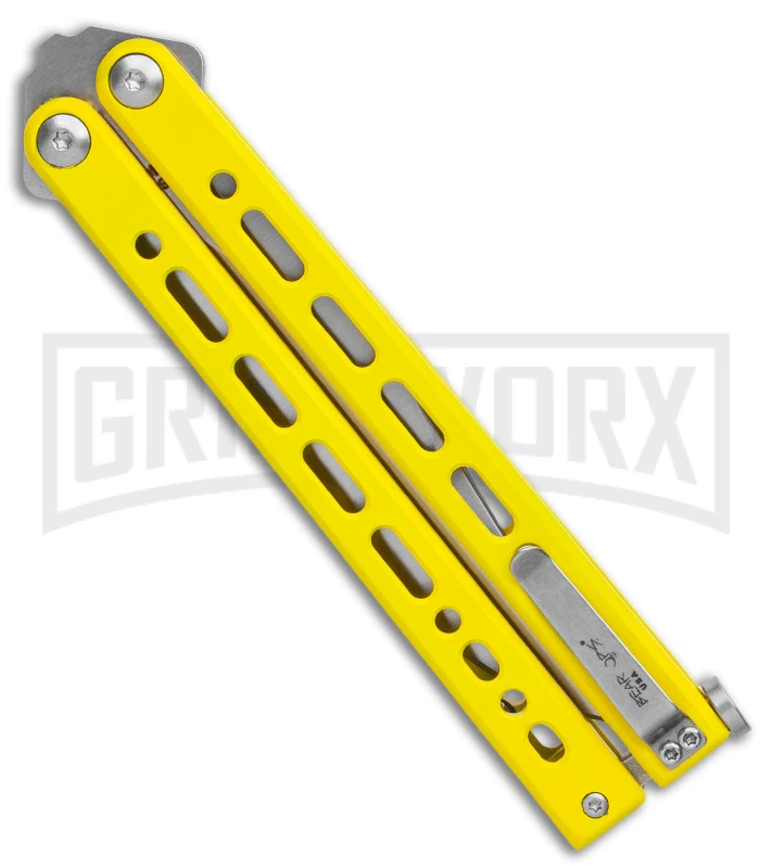 Bear Ops Bear Song VIII Yellow Butterfly Knife - Clip Point Satin Plain 2 Bear Ops Bear Song VIII Yellow Butterfly Knife - Clip Point Satin Plain - Image 2