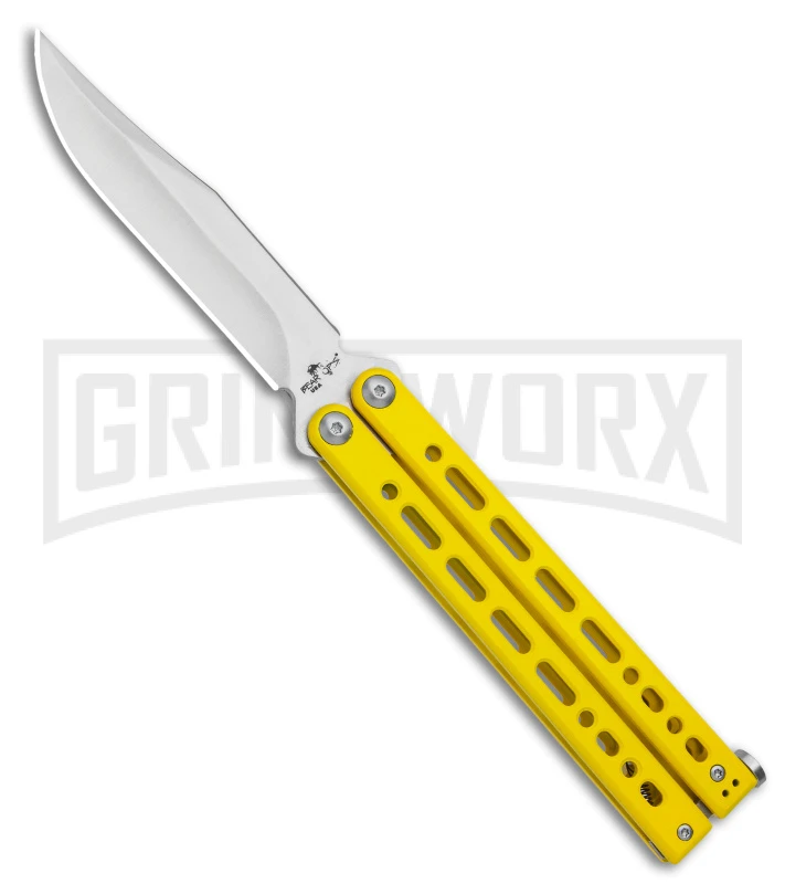 Bear Ops Bear Song VIII Yellow Butterfly Knife - Clip Point Satin Plain 1 Bear Ops Bear Song VIII Yellow Butterfly Knife - Clip Point Satin Plain