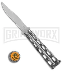 Bear & Son Knives Silver Speckle 114 Balisong Butterfly Knife - Satin Plain -Knife Sale Shop Bear Son 114 speckle satin BHQ 0365 er bottlecap large