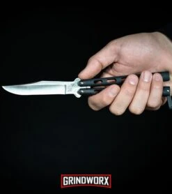 Bear And Son Knives Blue Balisong Butterfly Knife - Damascus Plain -Knife Sale Shop Bear Son 114B Large Butterfly Knife Black Satin BHQ 0364 kp in hand web large 2