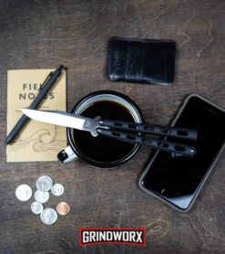 Bear & Son Knives Silver Speckle 114 Balisong Butterfly Knife - Satin Plain -Knife Sale Shop Bear Son 114B Large Butterfly Knife Black Satin BHQ 0364 kp lifestyle web large 1