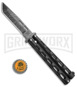 Bear & Son 115TAND Tanto Black Butterfly Knife - Damascus Plain -Knife Sale Shop Bear Son Tanto Butterfly Blk Dmscs 115TAND BHQ 50075 jr bottlecap 1 large