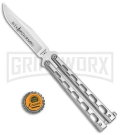 Bear & Son Silver Stainless Steel Butterfly 30th Anniversary Clip Point Satin -Knife Sale Shop Bear and Son 30th Anniversary Polished Butterfly ANNSS14 S35 BHQ 121784 jr bottlecap large