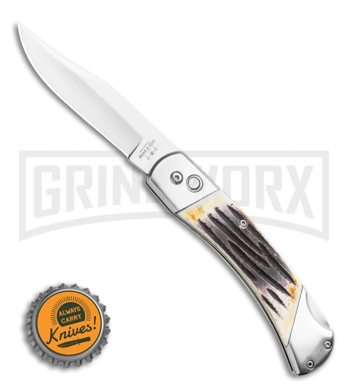 Bear And Son Stag Bone Automatic Lockback Knife - Satin Plain 4 Bear And Son Stag Bone Automatic Lockback Knife - Satin Plain - Image 4