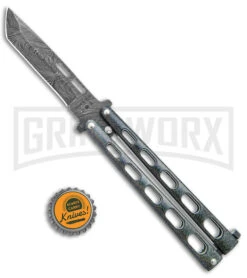 Bear & Son 115 Galaxy Butterfly Knife - Damascus Tanto Plain -Knife Sale Shop Bear and Son Butterfly Knife Black Sparkles Damascus Tanto BHQ 141056 jr bottlecap large