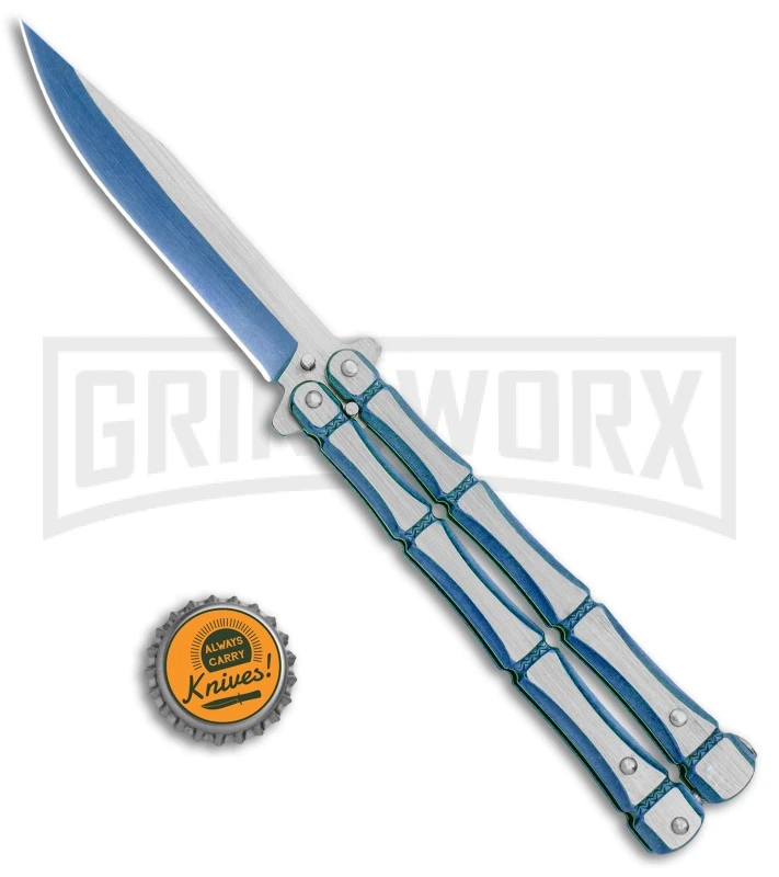 Blue Bone Balisong Drop Point Butterfly Knife - 2 Tone Plain 4 Blue Bone Balisong Drop Point Butterfly Knife - 2 Tone Plain - Image 4
