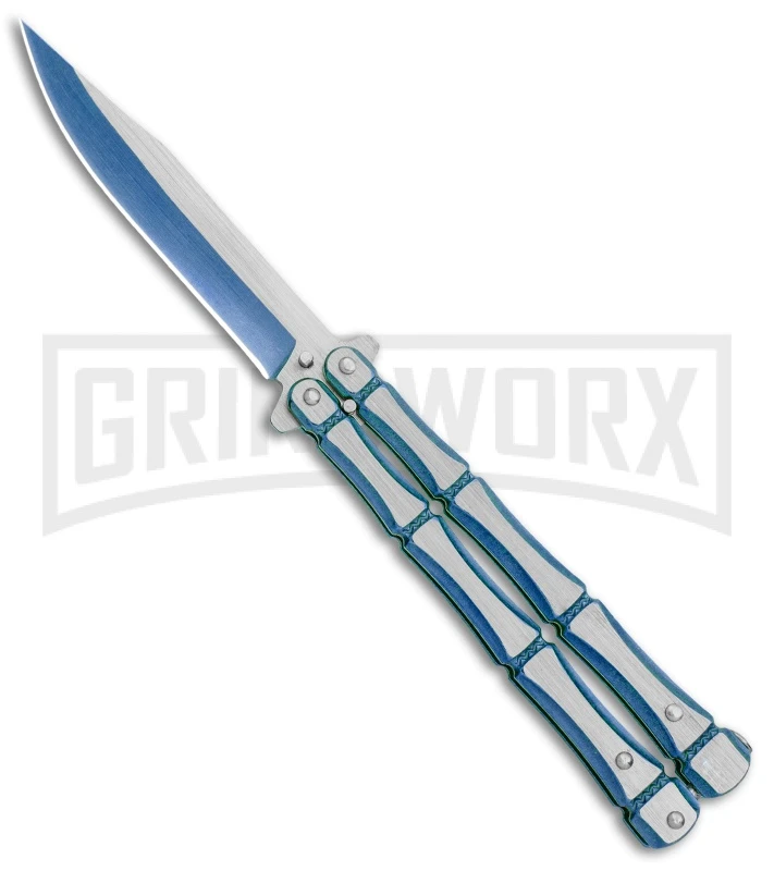 Blue Bone Balisong Drop Point Butterfly Knife - 2 Tone Plain 1 Blue Bone Balisong Drop Point Butterfly Knife - 2 Tone Plain