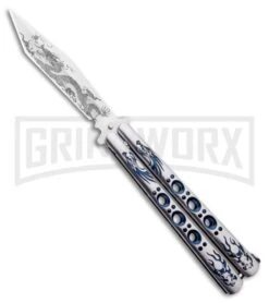 Butterfly Knife Blue Dragon Etched Blade - Satin Tanto