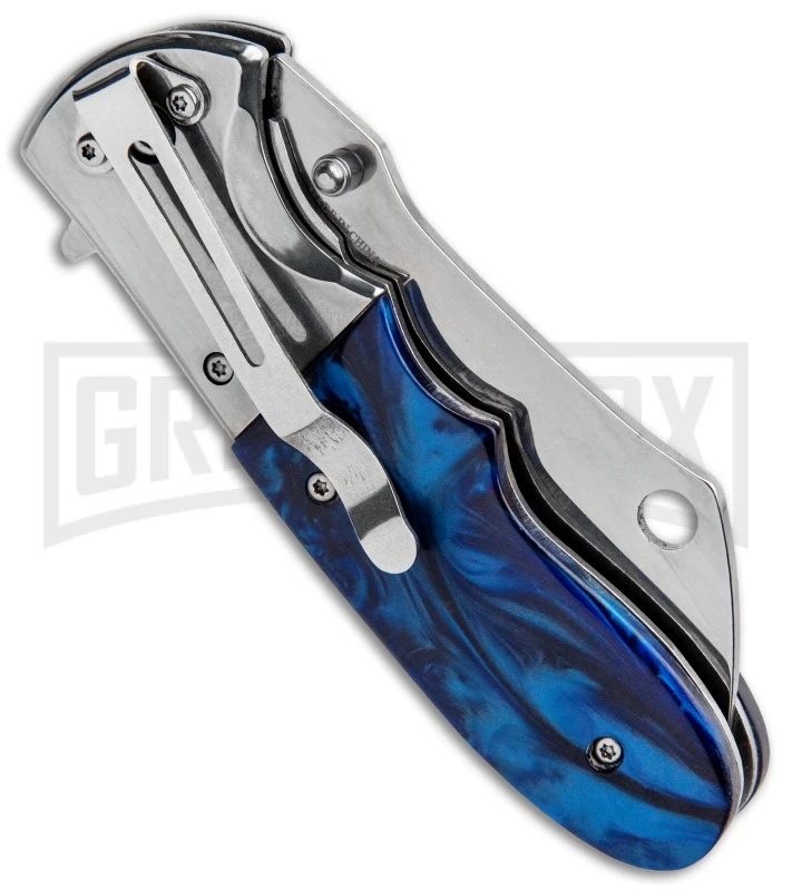 Sheep Shank Blue Pearlex Spring Assisted Knife - Cleaver Mirror Plain 3 Sheep Shank Blue Pearlex Spring Assisted Knife - Cleaver Mirror Plain - Image 3