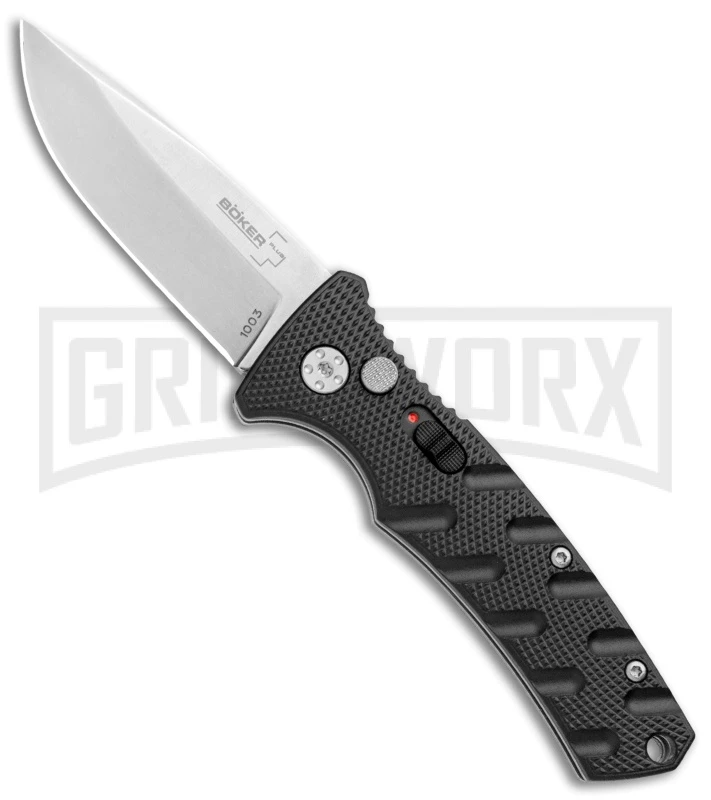 Boker Mini Strike Automatic Knife Black - Drop Point Stonewash Plain 1 Boker Mini Strike Automatic Knife Black - Drop Point Stonewash Plain