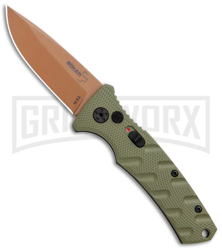 Boker Mini Strike Automatic Knife Black - Drop Point Copper Plain 1 Boker Mini Strike Automatic Knife Black - Drop Point Copper Plain