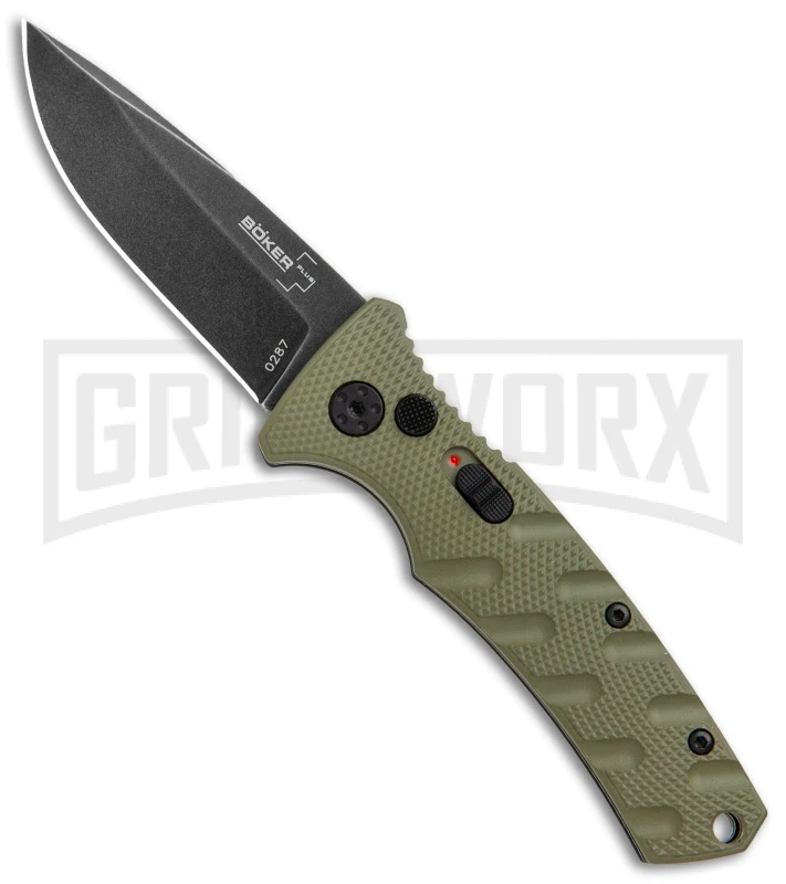 Boker Mini Strike Automatic Knife OD Green - Drop Point Black SW Plain 1 Boker Mini Strike Automatic Knife OD Green - Drop Point Black SW Plain