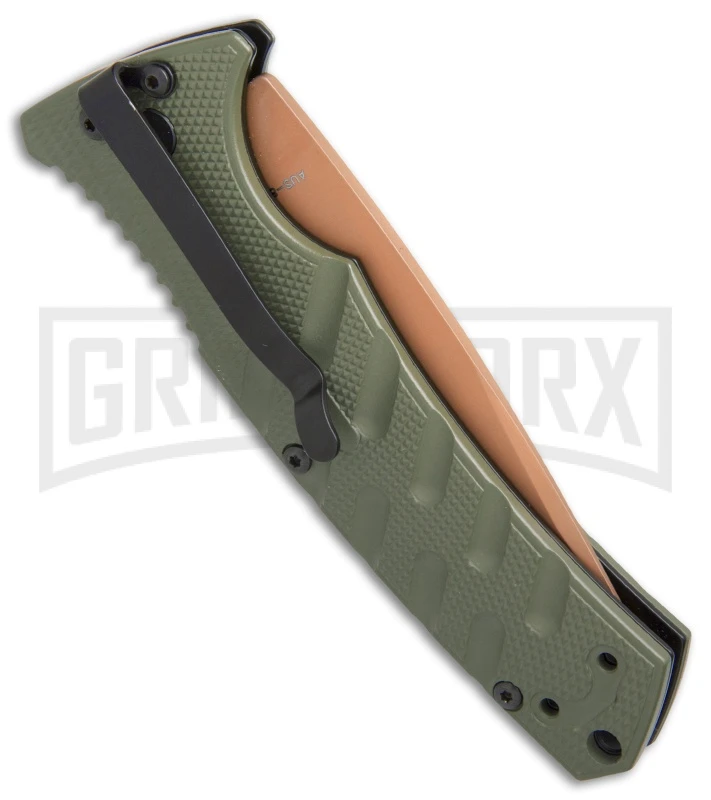 Boker Plus Strike Desert Warrior OD Green Automatic Knife - D2 Drop Point Copper 2 Boker Plus Strike Desert Warrior OD Green Automatic Knife - D2 Drop Point Copper - Image 2
