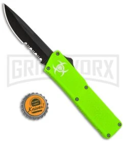 Bolt Zombie Green Biohazard D/A OTF Automatic Knife - Black Serr -Knife Sale Shop Bolt Zombie Green Biohazard DA OTF Auto Black Serr GX 17283 jr bottlecap large