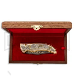 Custom Russian Gold Lion Automatic Knife - Damascus Plain 9 Custom Russian Gold Lion Automatic Knife - Damascus Plain -Knife Sale Shop Custom Russian Gold Lion Auto Damascus RV HC3 LION DAM GX 31050 jr box large