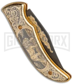 Custom Russian Gold Lion Automatic Knife - Damascus Plain 8 Custom Russian Gold Lion Automatic Knife - Damascus Plain -Knife Sale Shop Custom Russian Gold Lion Auto Damascus RV HC3 LION DAM GX 31050 jr side large