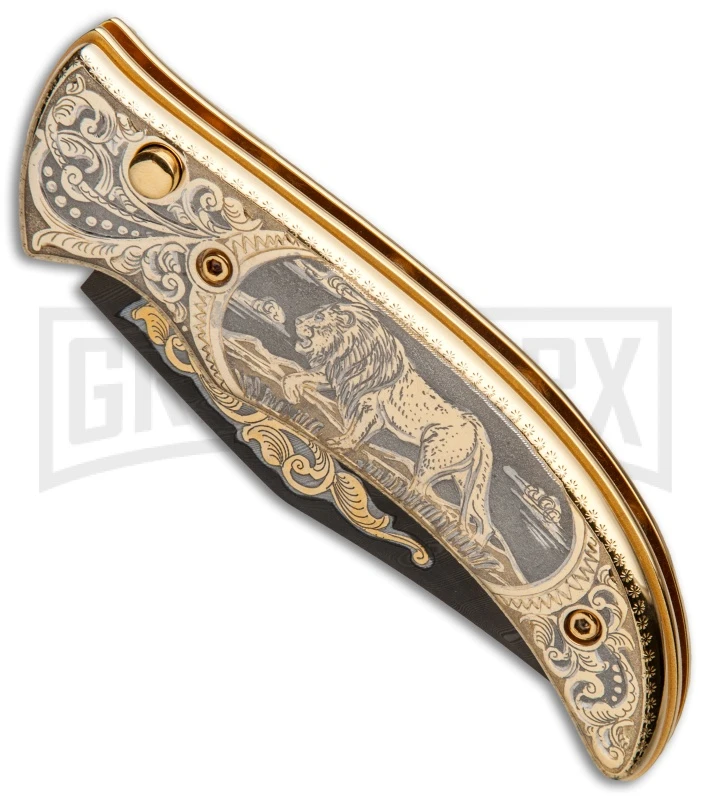 Custom Russian Gold Lion Automatic Knife - Damascus Plain 2 Custom Russian Gold Lion Automatic Knife - Damascus Plain - Image 2