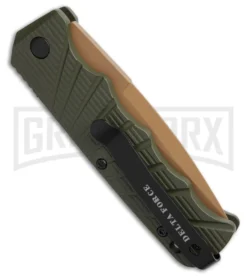 Delta Force Automatic Knife OD Green Aluminum Drop Point - Tan Plain -Knife Sale Shop Delta Force Automatic Knife OD Green Aluminum Drop Point Tan Plain GX 42318 td side large