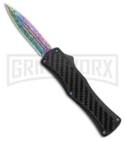 Edgeworks Carbon Fiber OTF Auto Knife Dagger - Rainbow Damascus Finish)