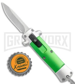 Enzo OTF Green Automatic Keychain Knife - Satin Spear Point Plain -Knife Sale Shop Enzo Stiletto Mini Green Silver Bolsters OTF Auto Satin GX 37642 jr bottlecap large