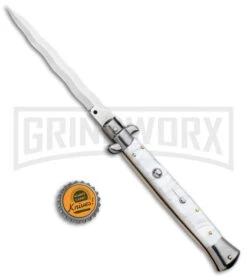 Frank B. 11" Italian Stiletto White Acrylic Automatic Knife - Kris Polish -Knife Sale Shop Frank B 11in Italian Stiletto White Acrylic Auto Kriss Polish GX 33136 jr bottlecap large