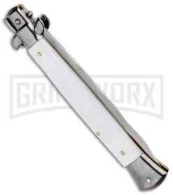 Frank B. 11" Italian Stiletto White Acrylic Automatic Knife - Kris Polish -Knife Sale Shop Frank B 11in Italian Stiletto White Acrylic Auto Kriss Polish GX 33136 jr side large