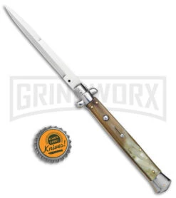 Frank B. 13" Blonde Horn Stiletto Automatic Knife (Bayo) 7 Frank B. 13" Blonde Horn Stiletto Automatic Knife (Bayo) -Knife Sale Shop Frank B 13in Italian Stiletto Auto Blonde Horn Satin Bayo BHQ 145449 jr bottlecap large